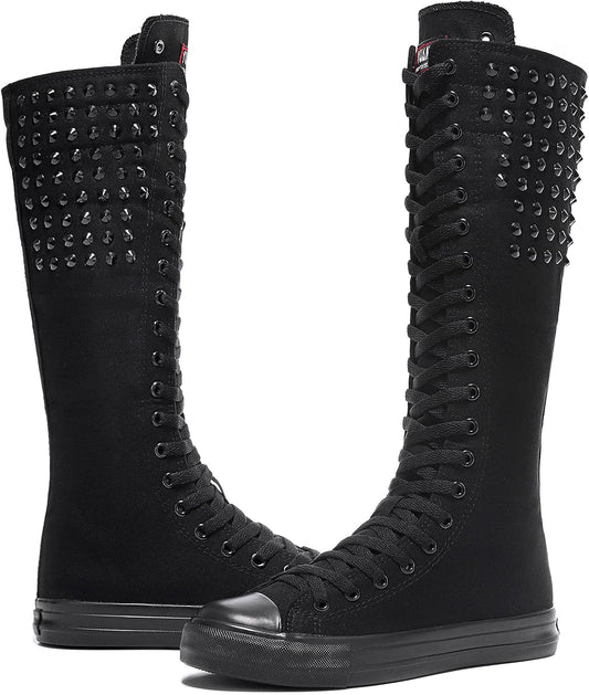 Long Rivet Knee High Canvas Boots Punk Style for Women & Girls