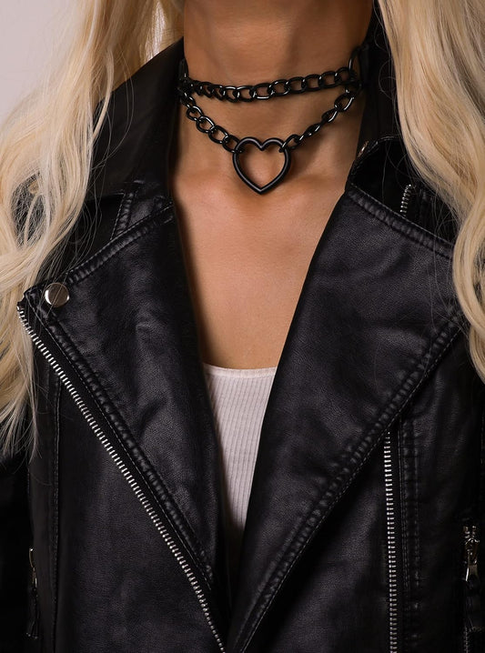 Goth Heart Chain Choker Necklace, PU Leather Choker, Gothic Punk Grunge Emo Necklace, Halloween Christmas Jewelry Gift for Women, Men