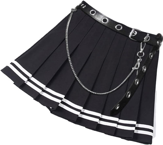 Womens Black Mini Pleated Skirts Goth High Waist a Line Punk Skirt School Uniform Short Skirts with Belt Noctura