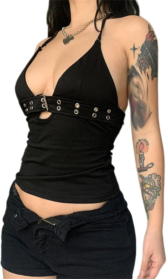 Sexy Punk Rock Halter Tank Tops for Women V Neck Goth Backless Tie Back Summer Y2K Gothic Buckle 70S Disco Tops