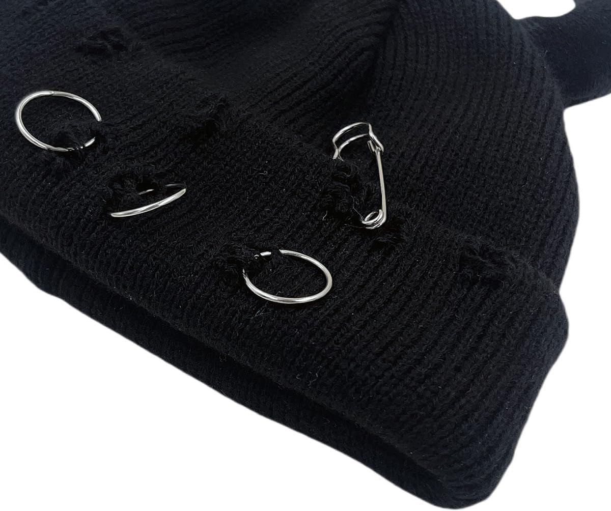 Gothic Devil Horn Knitted Beanies for Women Men Y2K Funny Crochet Skull Hat Warm Winter Cap Halloween Accessories