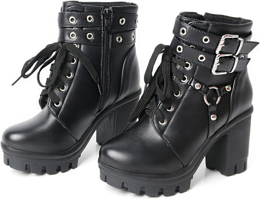 Cathedral Rivet Platform Boots – Buckled Goth Combat Booties - Noctura