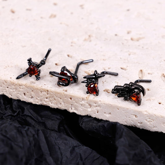 12Pcs 20G Stainless Steel Black Gothic Nose Rings Studs - Halloween Spider Bat Skull L Shaped Piercing Jewelry