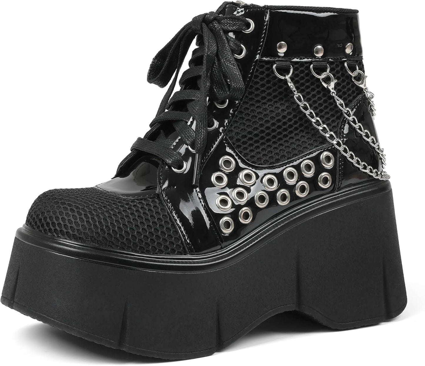 Hexbound Mesh Chain Wedge Boots – Black Platform Ankle - Noctura