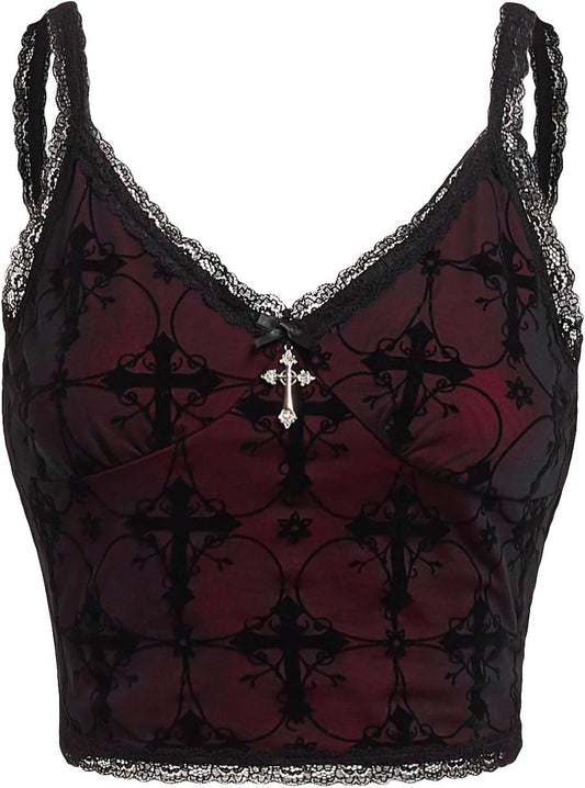 Lace Goth Crop Top – Witchy Grunge Cami - Noctura
