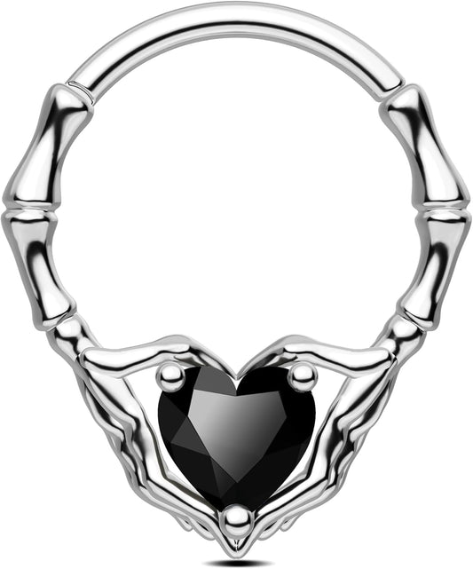 Skeleton Hand Septum Ring 316L Surgical Steel Septum Piercing Jewelry 16G Heart CZ Daith Earrings 10Mm Gothic Helix Cartilage Piercing Jewelry for Halloween - Noctura