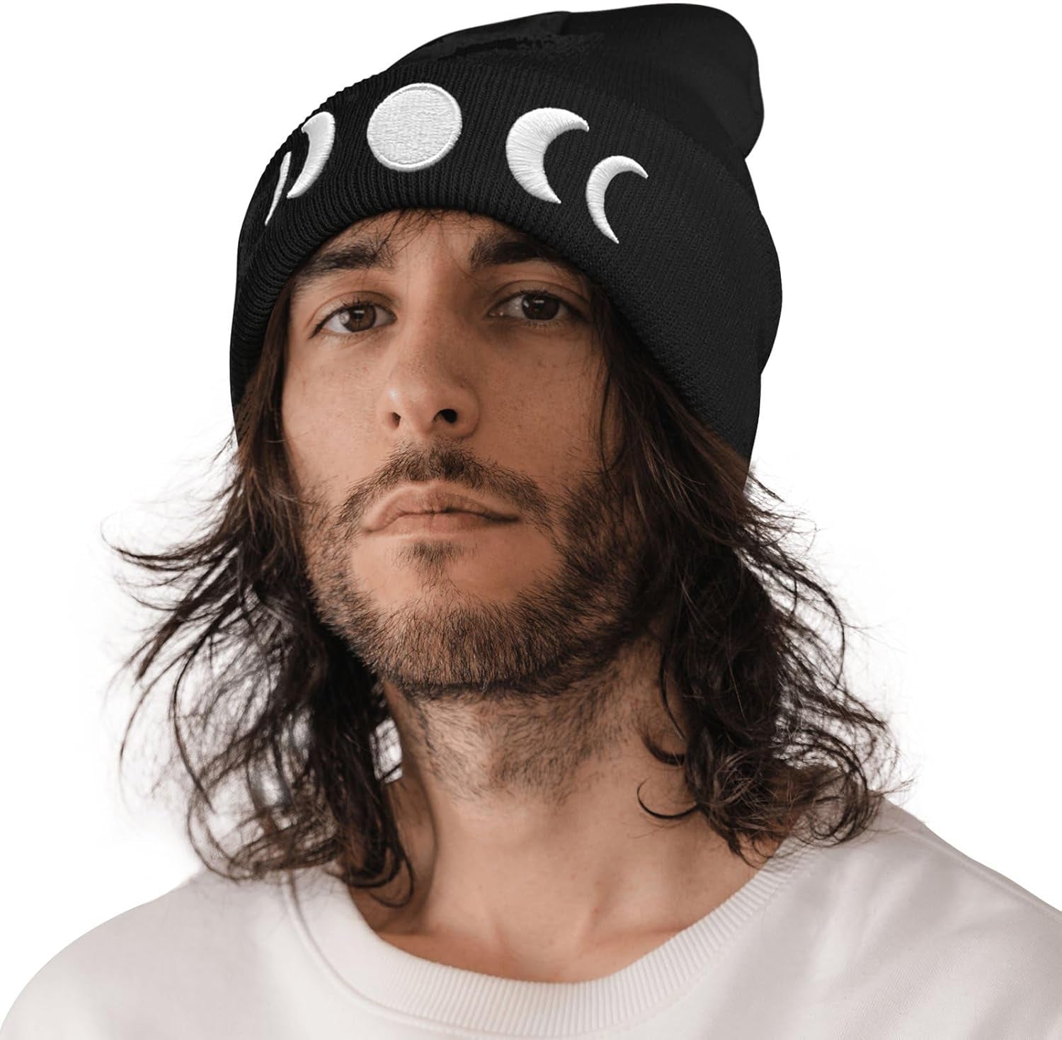 Moon Embroidery Beanie Knit Hat for Men Women, Casual Skull Knit Cap