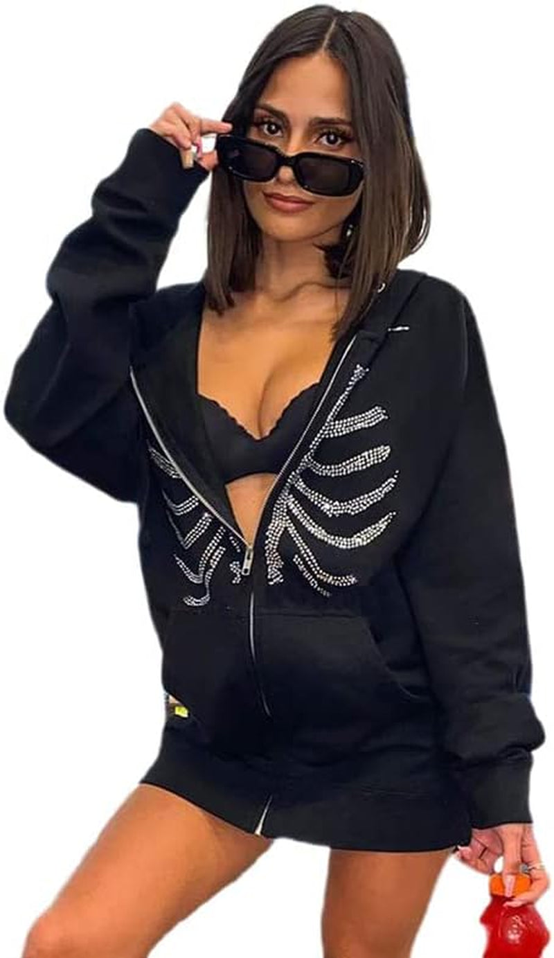 Women’s Skeleton Rhinestone Zip Hoodie 🦴