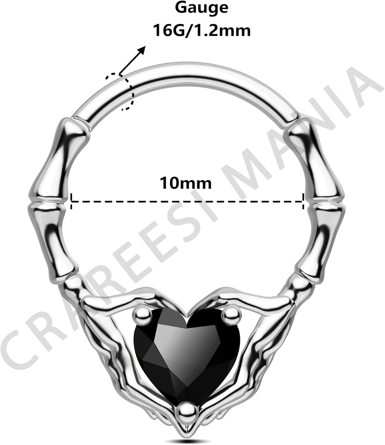 Skeleton Hand Septum Ring 316L Surgical Steel Septum Piercing Jewelry 16G Heart CZ Daith Earrings 10Mm Gothic Helix Cartilage Piercing Jewelry for Halloween