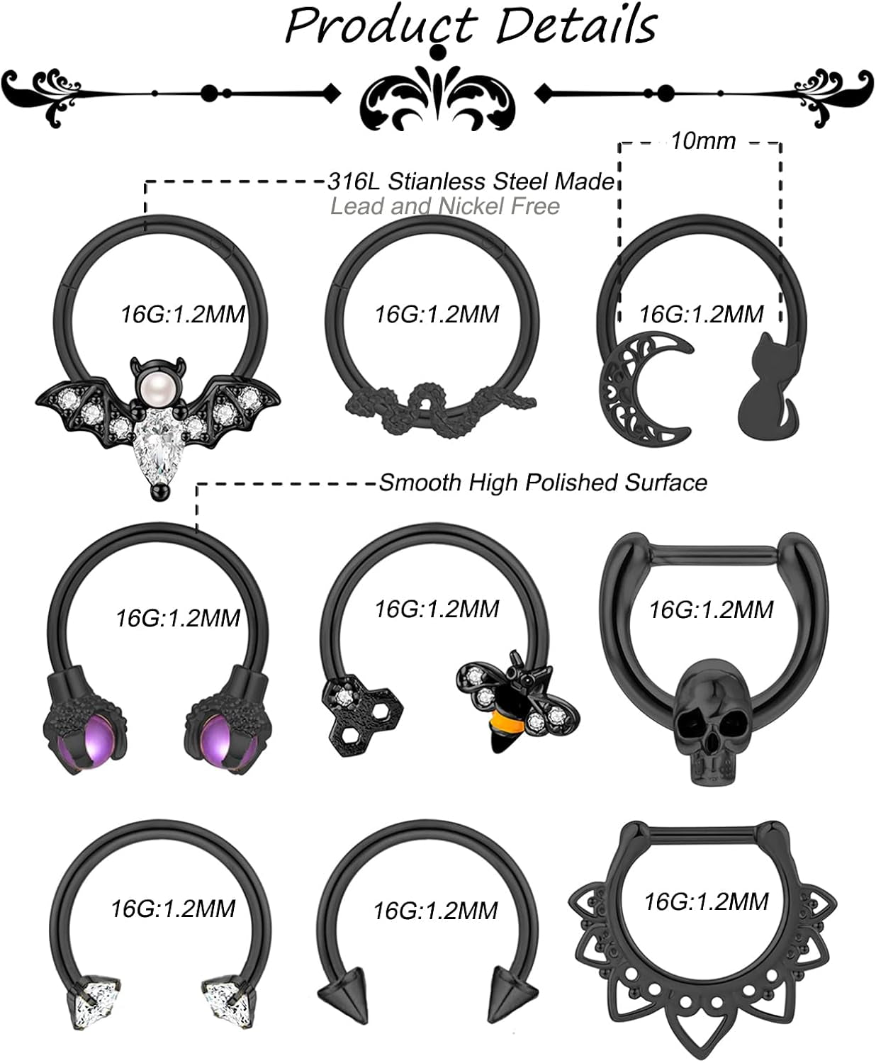 9 PCS 16G Stainless Steel Horseshoe Septum Rings for Women Cartilage Helix Tragus Earrings Daith Earrings Hoop Snake Bat Gothic Piercing Jewelry