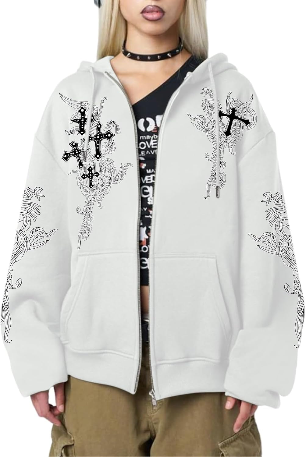 Y2K Gothic Zip Hoodie – Grunge Cross Streetwear