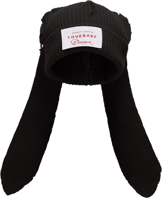 Knit Beanie Hats Cute Bunny Long Ears Funny Hat Fluffy Winter Cap Warm Knit Rabbit Crochet Skull Cap Outdoor Slouchy Hat