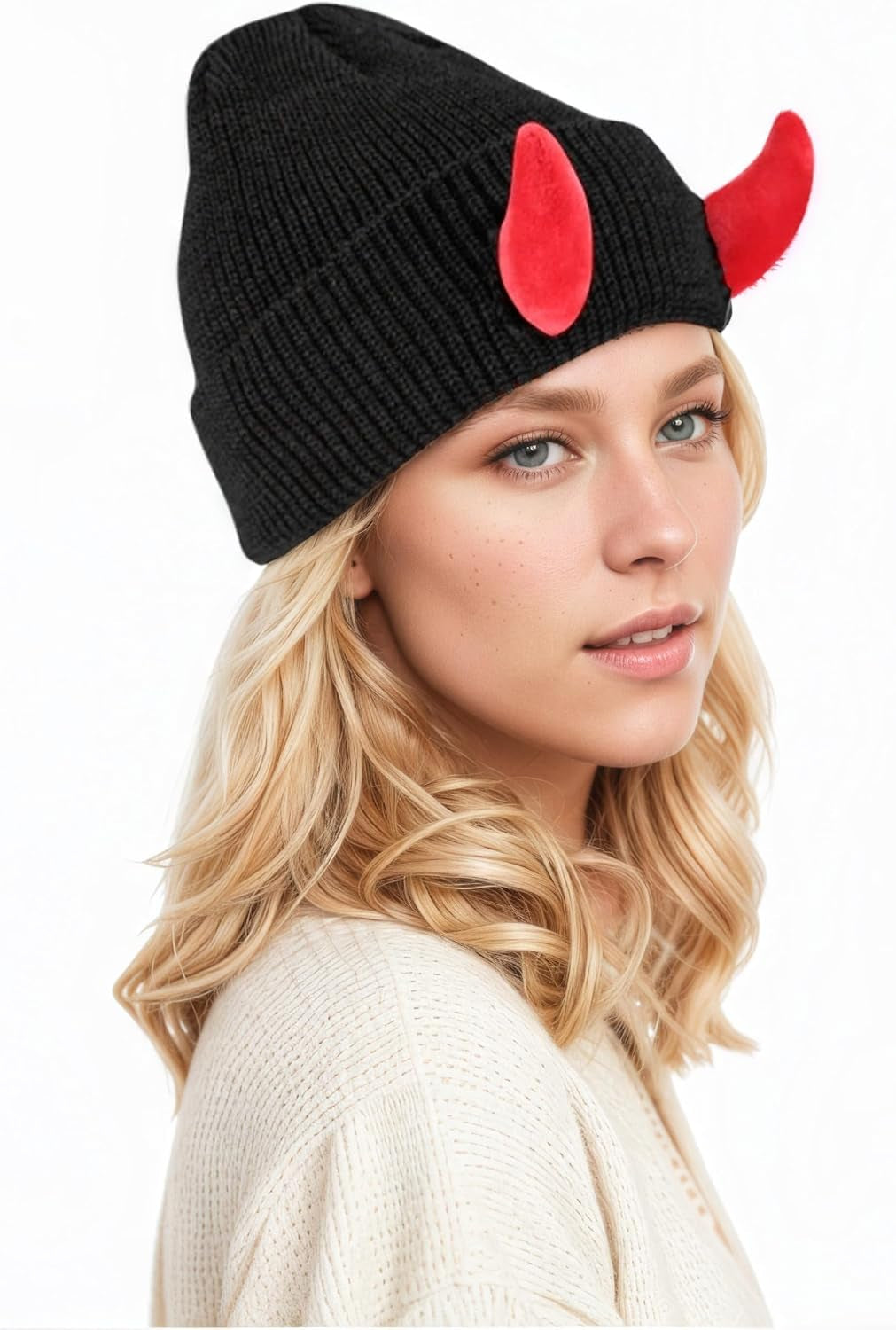 Womens Halloween Devil Horn Hat Skull Hat Warm Knitted Winter Beanie Cuffed Funny Alt Emo Scene Cap Y2K Accessories