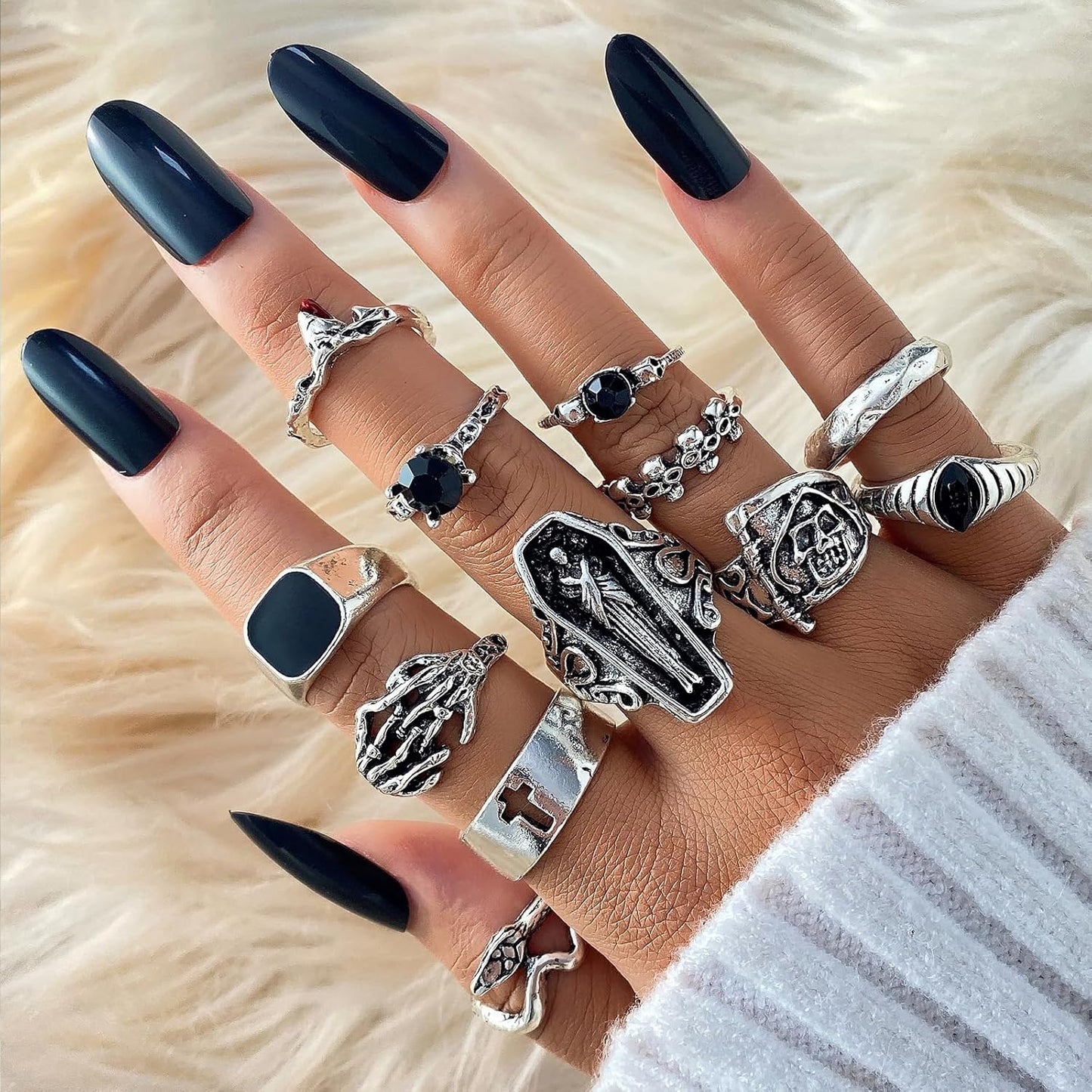 Vintage Silver Stackable Rings – Skull & Serpent Set