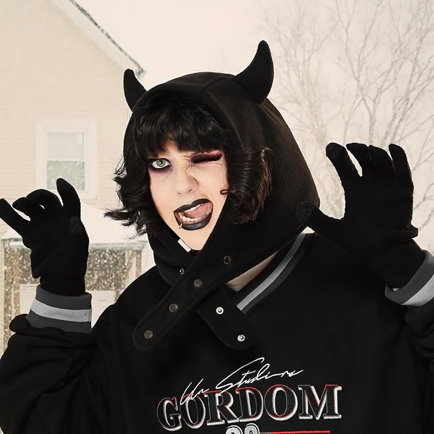 Womens Winter Hat Warm Fleece Y2K Beanies Cute Windproof Devil'S Horn Hats Pullover Fuzzy Beanie Gothic Adjustable Black