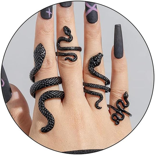 Snake Rings - Adjustable Punk Snake Jewelry Boho Stacking Rings Set - Vintage Goth Black Ring Jewelry