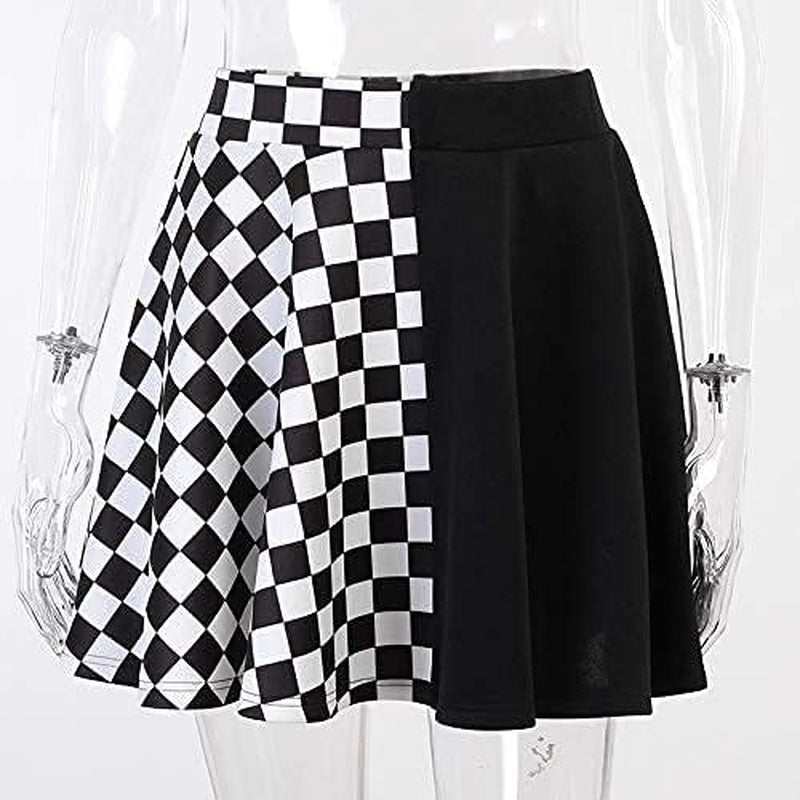Womens Punk Gothic Plaid Solid Color Patchwork Skirt a Line Mini Skirts Summer Kawaii Cute Skirts Y2K Streetwear Noctura