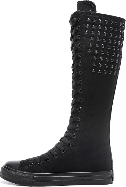 Long Rivet Knee High Canvas Boots Punk Style for Women & Girls