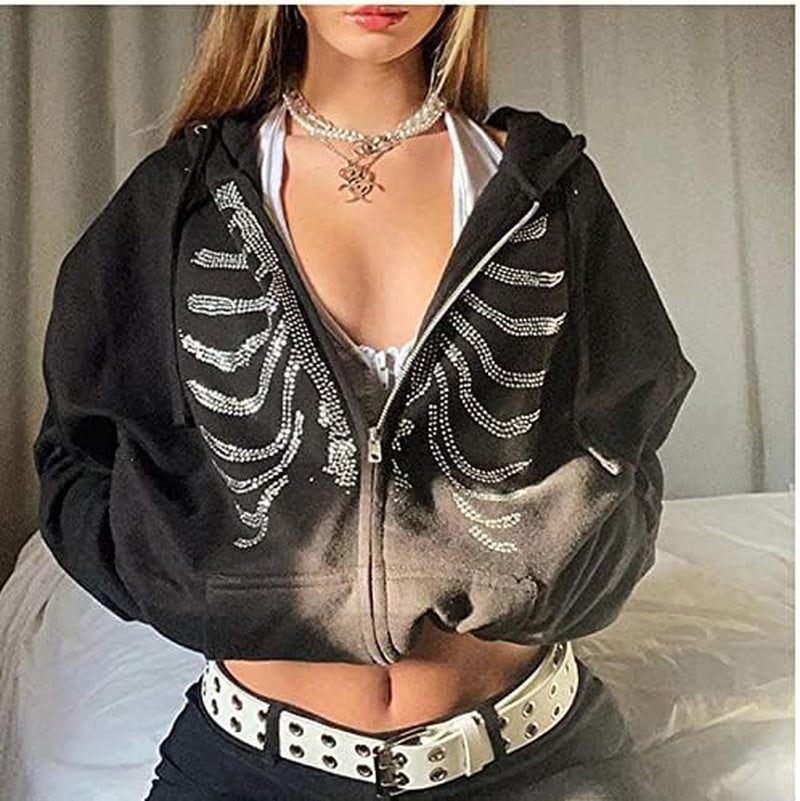 Women’s Skeleton Rhinestone Zip Hoodie 🦴