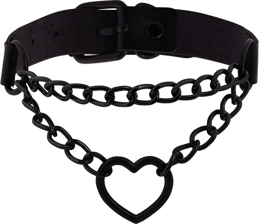 Goth Heart Chain Choker Necklace, PU Leather Choker, Gothic Punk Grunge Emo Necklace, Halloween Christmas Jewelry Gift for Women, Men
