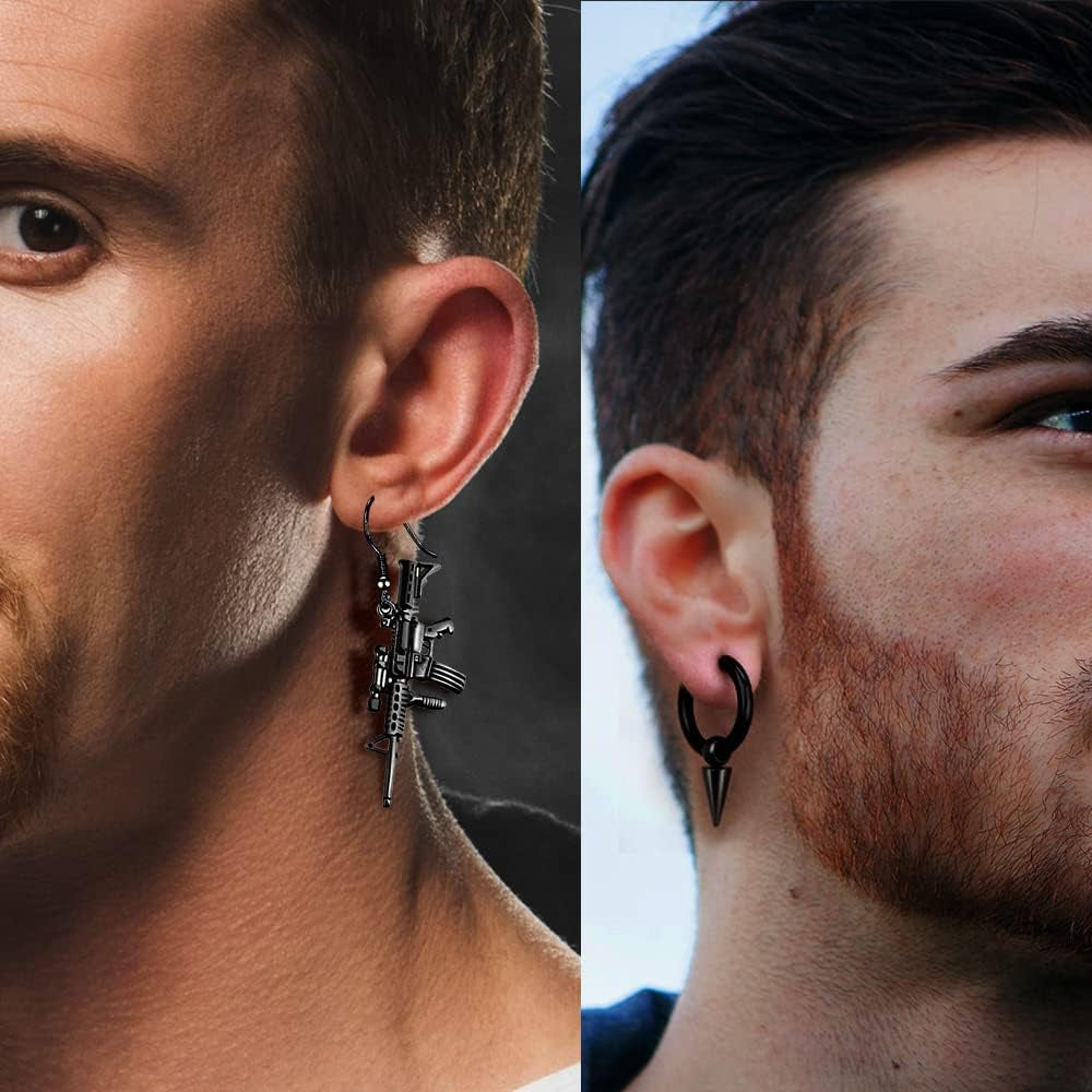 16 Pairs Stainless Steel Punk Y2K Black Dangle Earrings for Men, Axe Skull Screw Cone Etc Huggie Hoop Long Chain Piercing Hoop Earrings Set for Unisex Earrings for Women