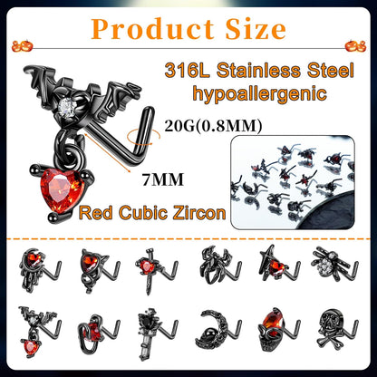 12Pcs 20G Stainless Steel Black Gothic Nose Rings Studs - Halloween Spider Bat Skull L Shaped Piercing Jewelry
