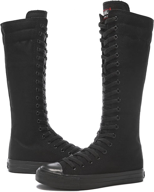 Midnight Riot Canvas Knee Boots – Lace-Up Zip High-Top