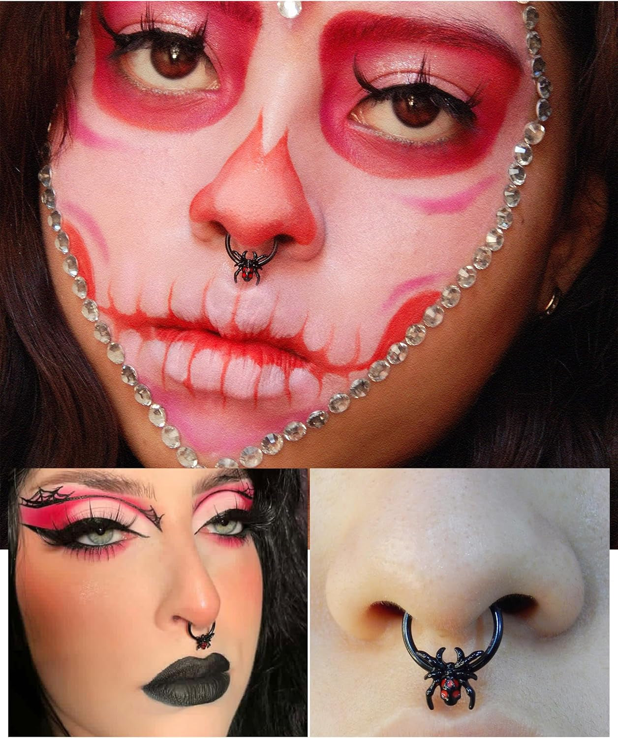 16G Black Spider Septum Ring - Hinged Segment Ring for Women & Men - Halloween Septum Clicker