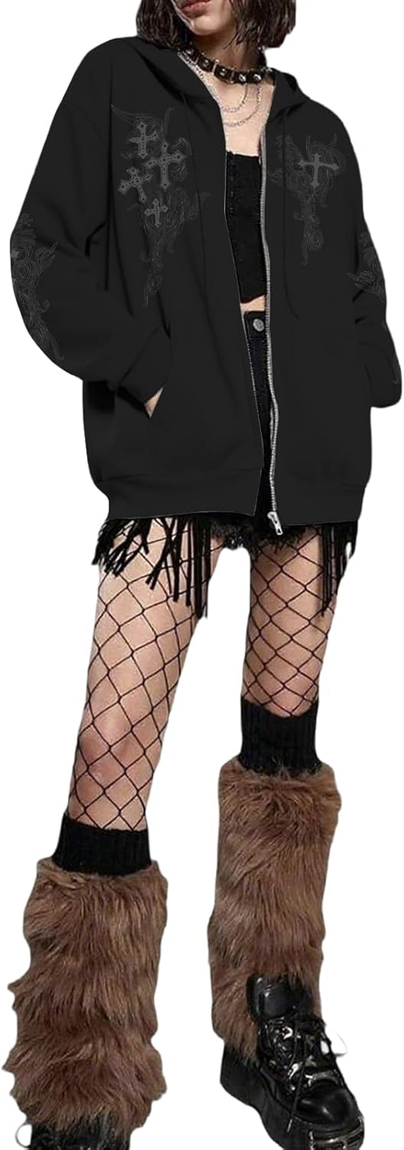 Y2K Gothic Zip Hoodie – Grunge Cross Streetwear