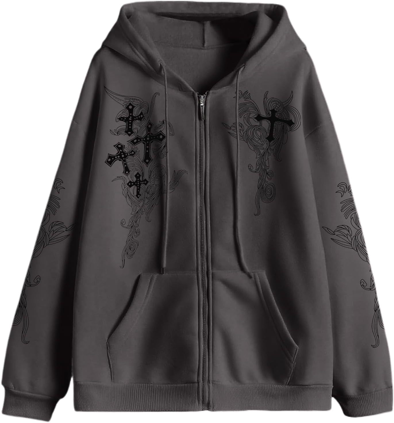 Y2K Gothic Zip Hoodie – Grunge Cross Streetwear