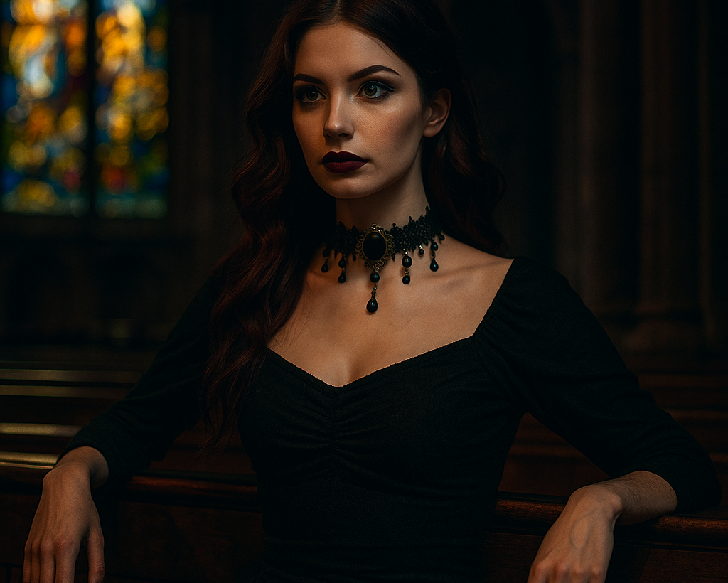 Woman in a black dress with a dark choker in a dimly lit setting