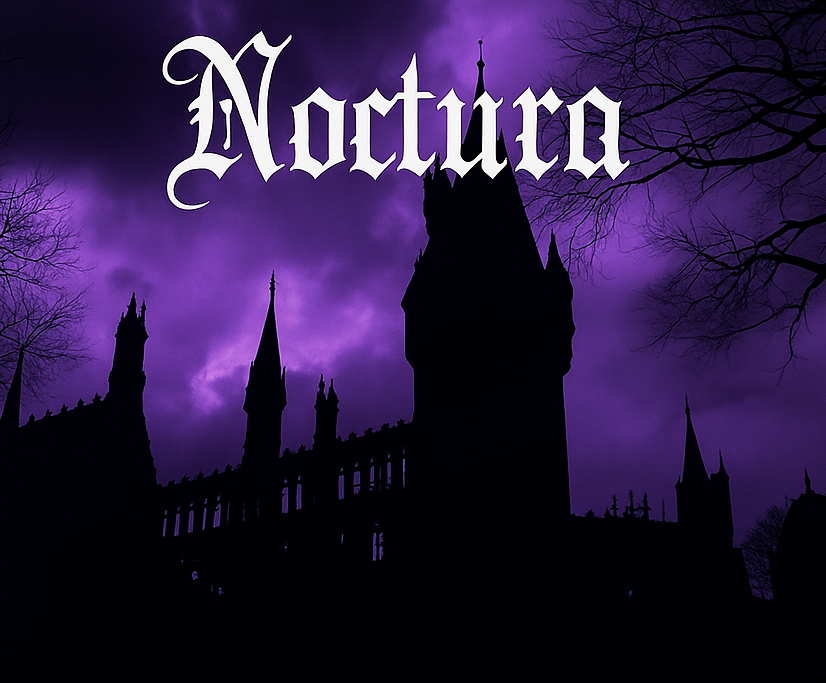 Silhouette of a castle against a purple sky with the word 'Noctura' above it.