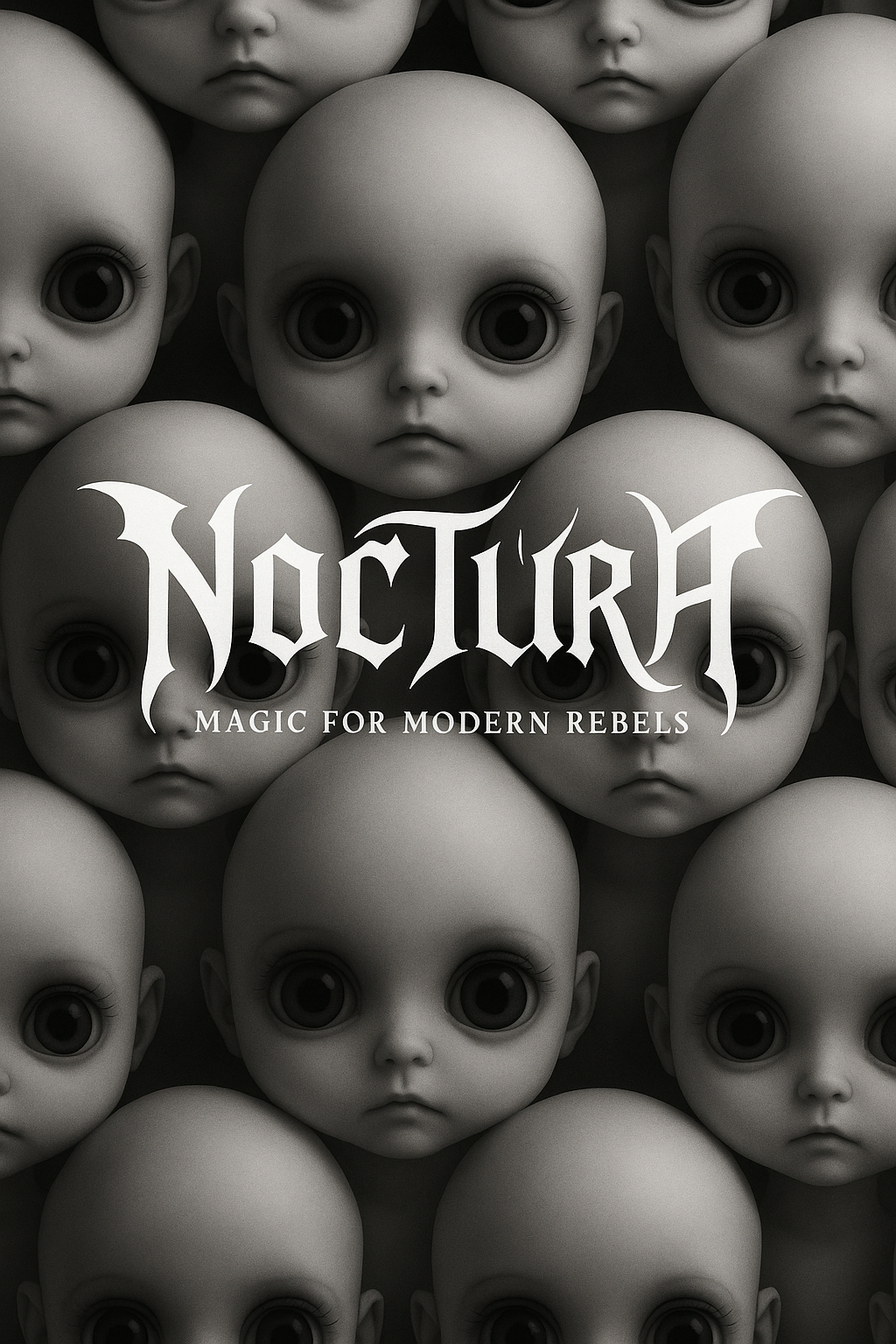 Close-up of multiple dolls with large eyes and neutral expressions.