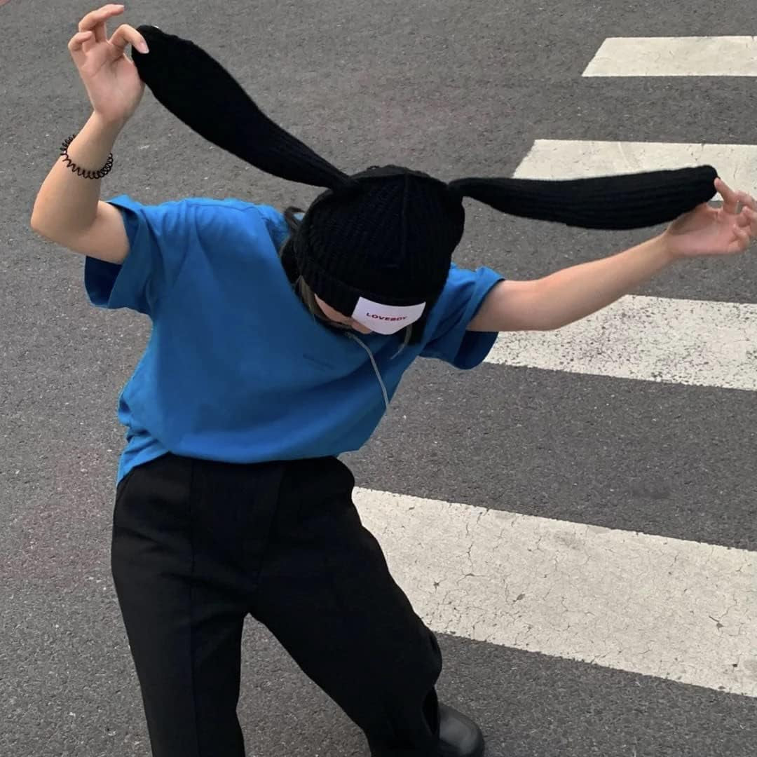 Knit Beanie Hats Cute Bunny Long Ears Funny Hat Fluffy Winter Cap Warm Knit Rabbit Crochet Skull Cap Outdoor Slouchy Hat