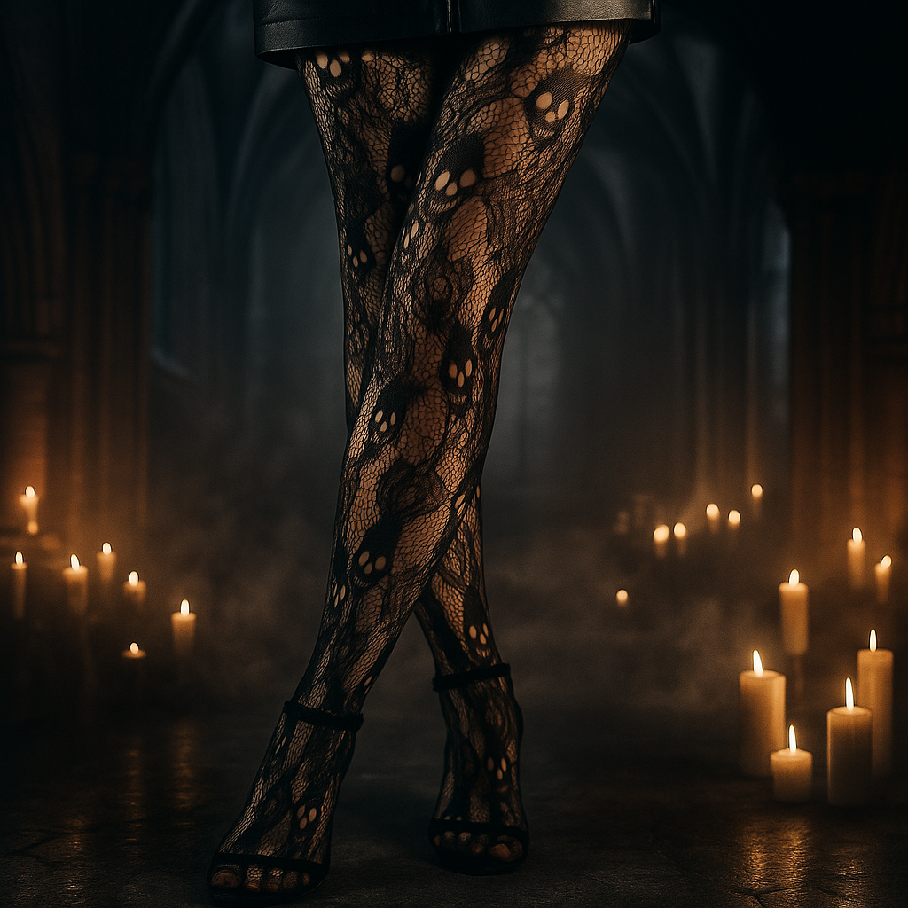 Skull & Web Fishnet Tights – Rhinestone High Waist