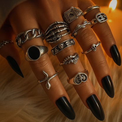 Vintage Silver Stackable Rings – Skull & Serpent Set