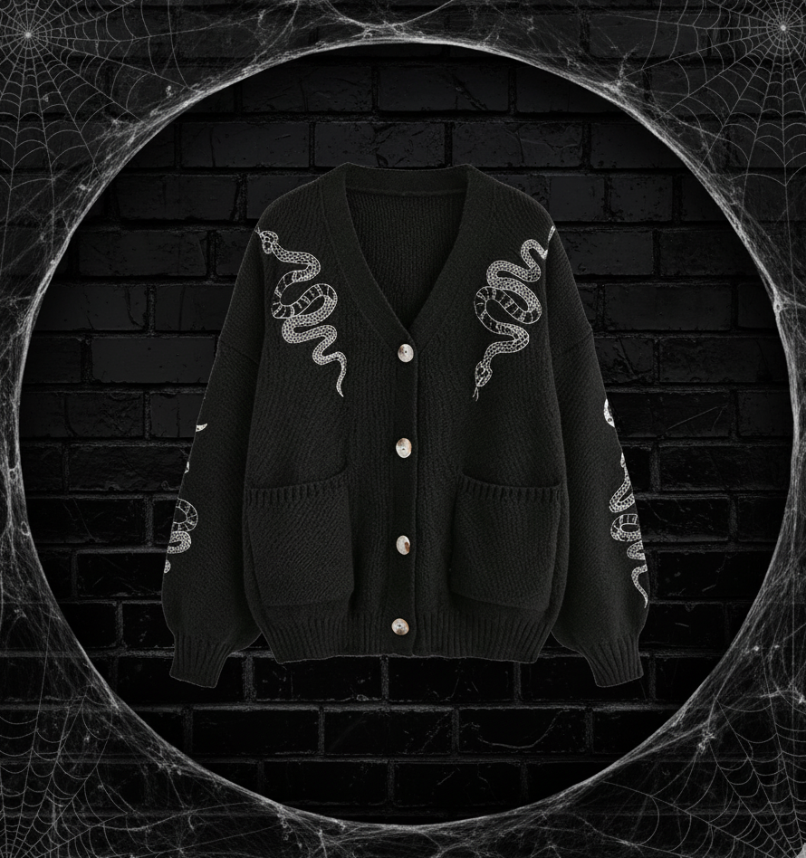 Snake & Moon Embroidered V-Neck Cardigan - Noctura