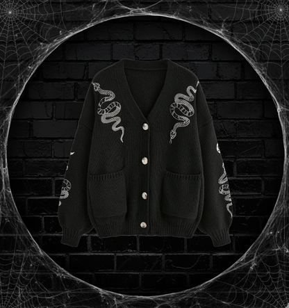 Snake & Moon Embroidered V-Neck Cardigan - Noctura