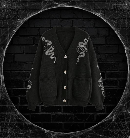 Snake & Moon Embroidered V-Neck Cardigan - Noctura