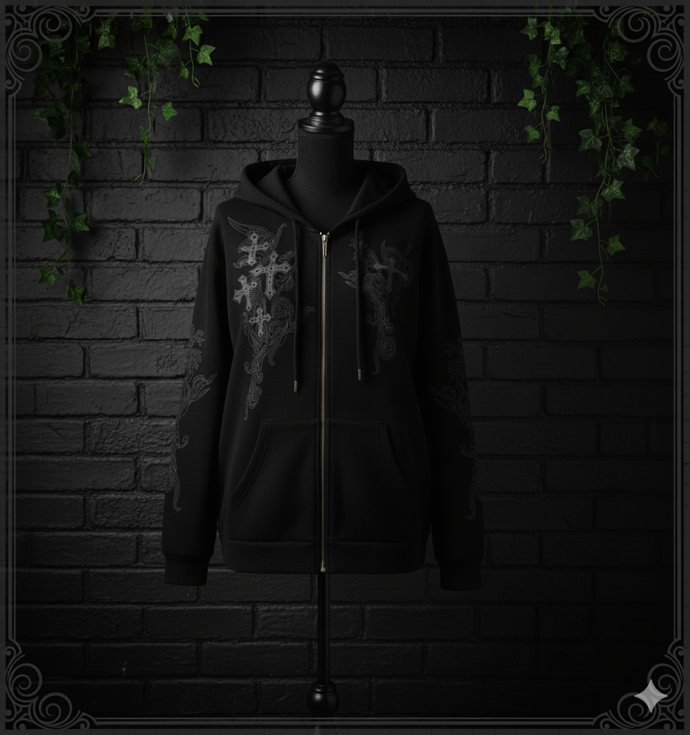 Y2K Gothic Zip Hoodie – Grunge Cross Streetwear