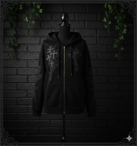 Y2K Gothic Zip Hoodie – Grunge Cross Streetwear