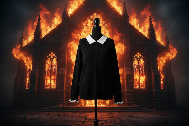 Mannequin wearing a black dress with white collar against a backdrop of a burning cathedral.