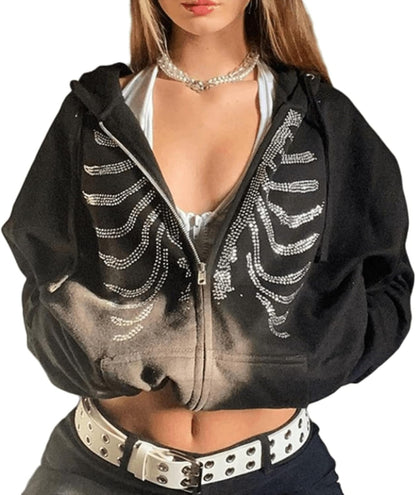 Women’s Skeleton Rhinestone Zip Hoodie 🦴