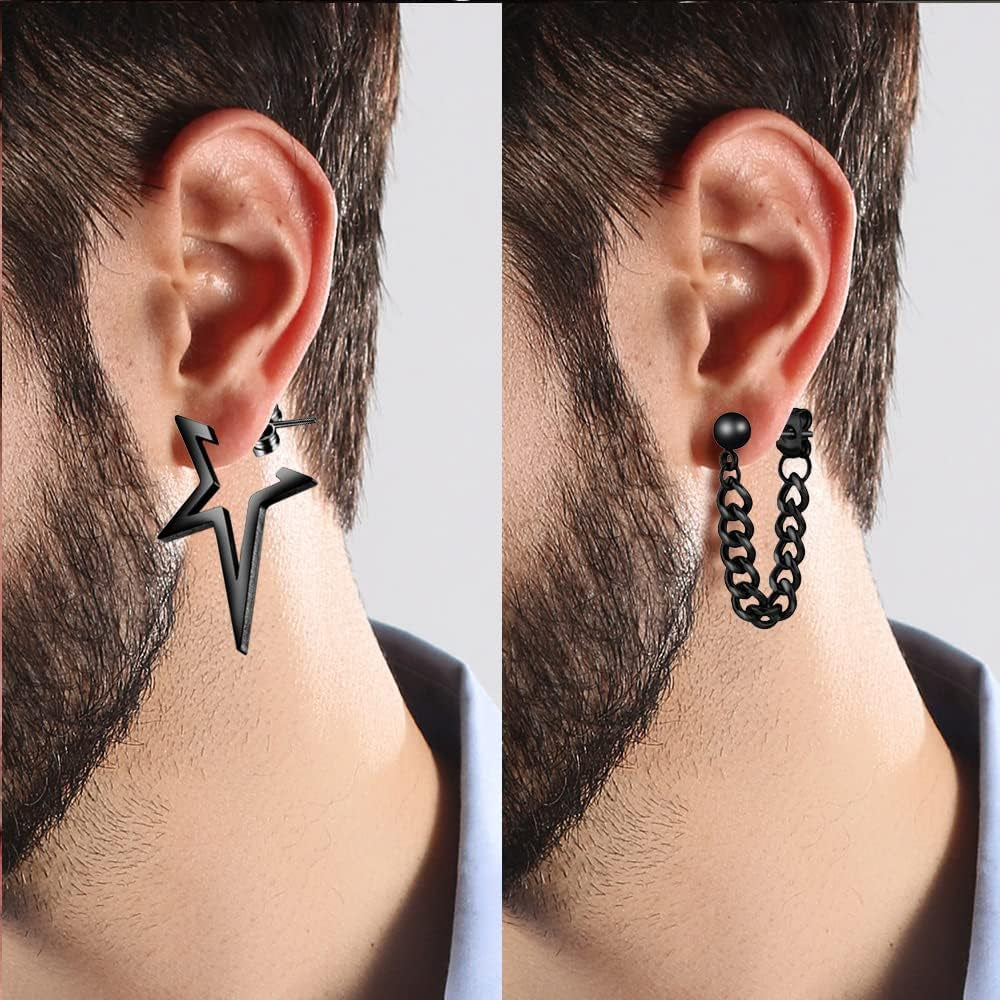 16 Pairs Stainless Steel Punk Y2K Black Dangle Earrings for Men, Axe Skull Screw Cone Etc Huggie Hoop Long Chain Piercing Hoop Earrings Set for Unisex Earrings for Women