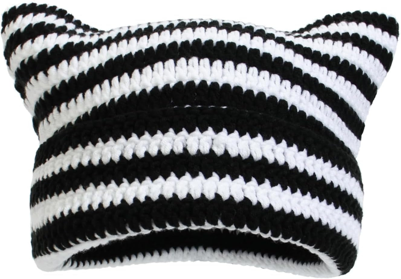 Crochet Cat Hat for Women Grunge Accessories Cat Ear Beanie Women Vintage Fox Hat Slouchy Beanies Women