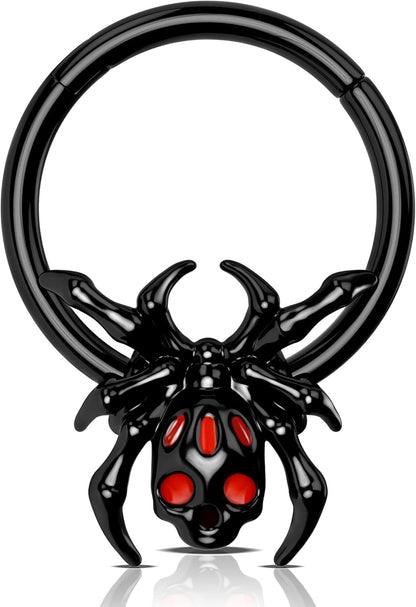 16G Black Spider Septum Ring - Hinged Segment Ring for Women & Men - Halloween Septum Clicker
