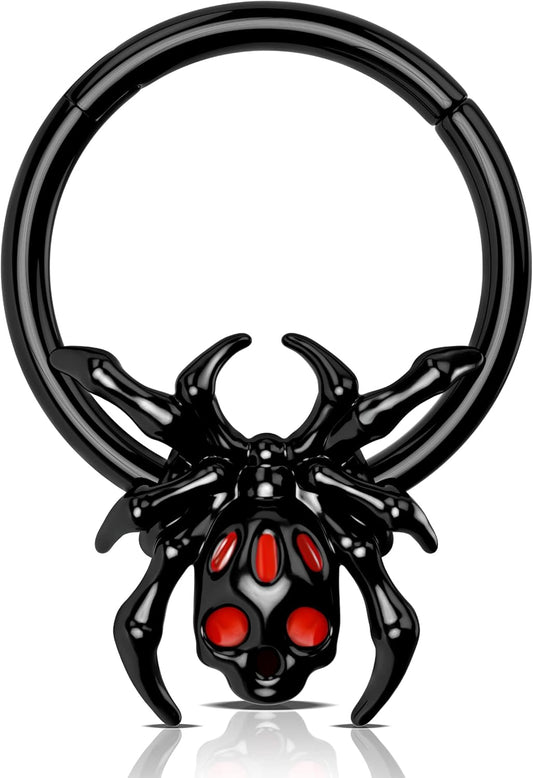 16G Black Spider Septum Ring - Hinged Segment Ring for Women & Men - Halloween Septum Clicker