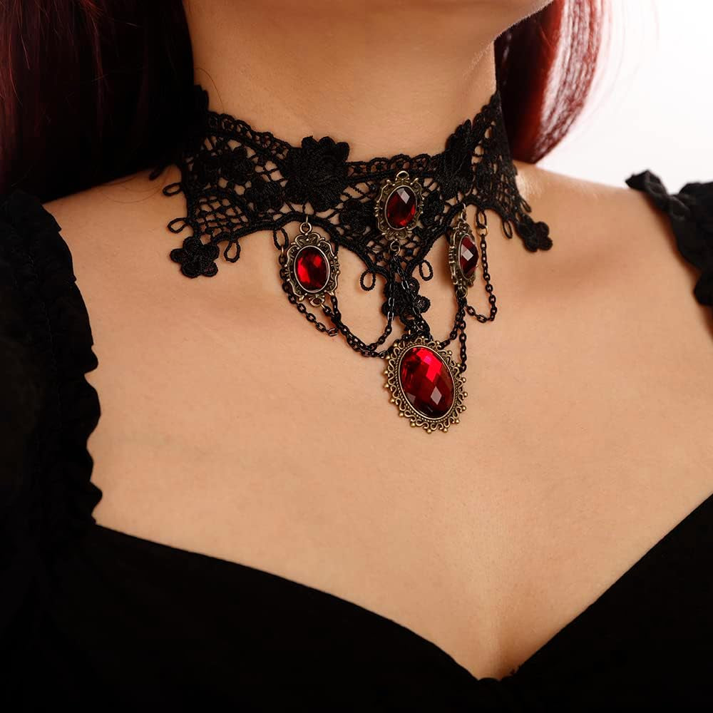 Black Lace Choker Necklace Lace Gothic Choker with Crystal for Women for Halloween Weeding Costume Party Prom Vampire (Style 1) Noctura