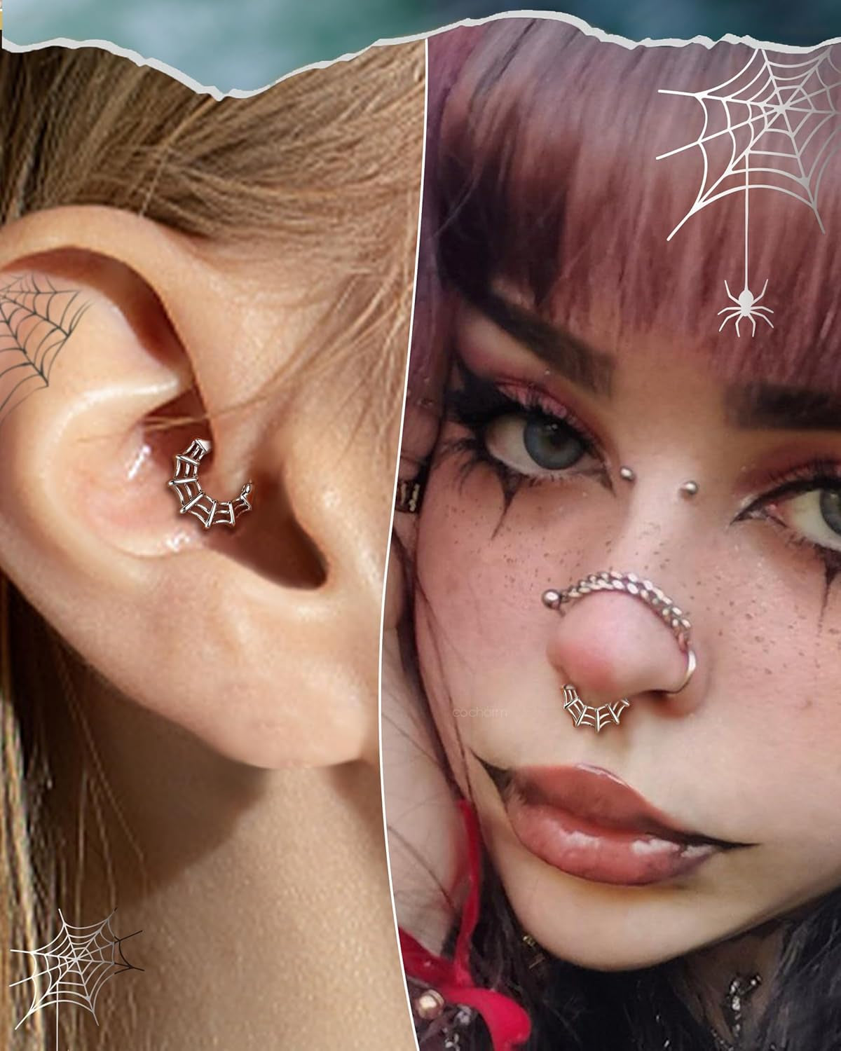 16G Septum Ring Spider Web Halloween Septum Nose Rings Silver Black Daith Earrings for Women 316L Stainless Steel Daith Piercing Jewelry