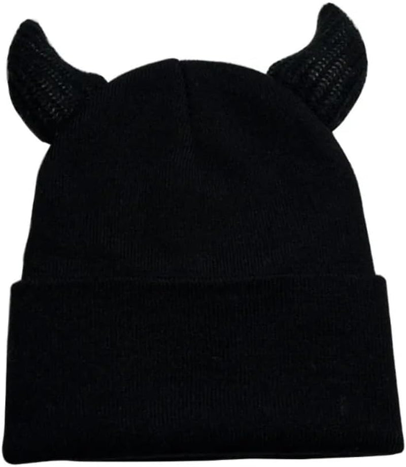 Kawaii Devil Horn Knit Beanie Hat for Women Men Girl Y2K Funny Halloween Party Hat Crochet Bucket Cap